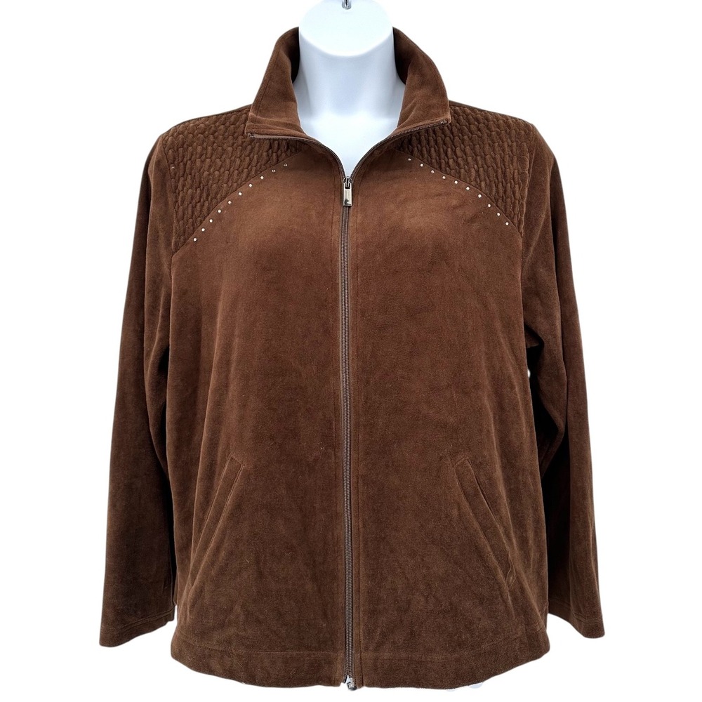 KIM ROGERS Chocolate Brown & Rhinestone Velour Full Zip Sweatshirt Women's XL